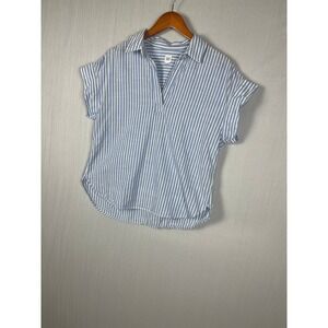 Gap Tunic Top Womens M Blue White Striped Cotton Split Neck Short Sleeve